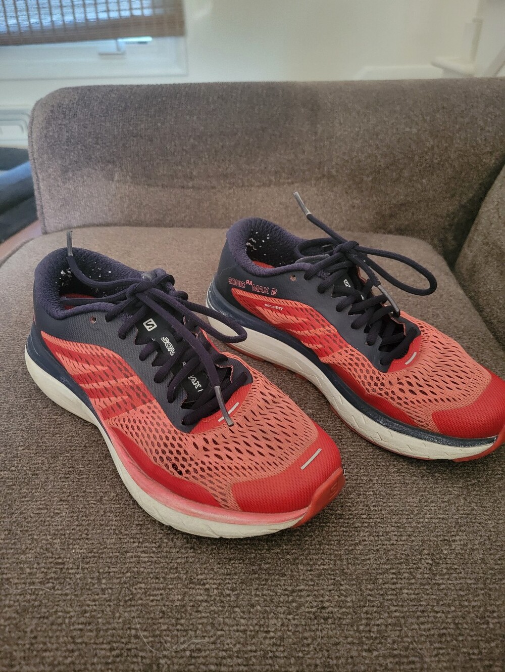 Salomon Women's Red and Navy Blue Sonic RA Max 2 Running Shoes Size 8